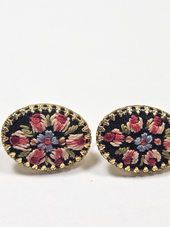 Vintage Jewelry - Vintage Petite Point Floral Embroidered Oval Clip On Earrings in Black and Gold